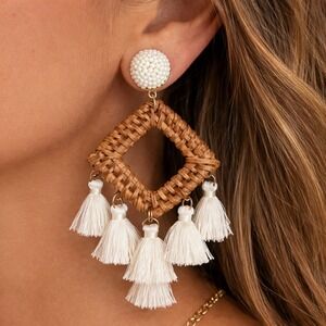 Pink Linen Woven Rattan Diamond Drop Earrings White Beaded Stud Tassel Boho